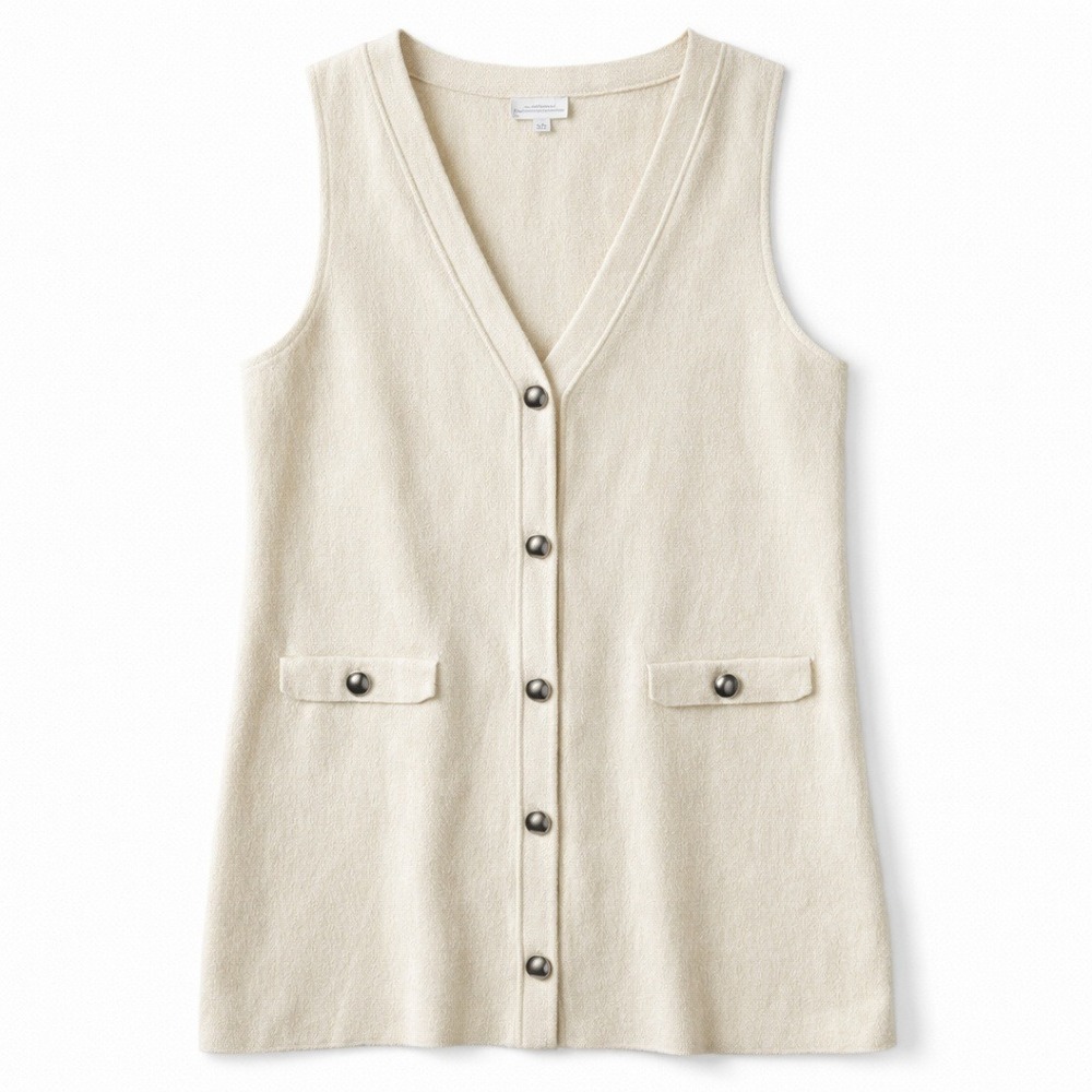 HM Cream Knit Longline Button Front Vest Cardigan 1282069 1 Womens Small‎